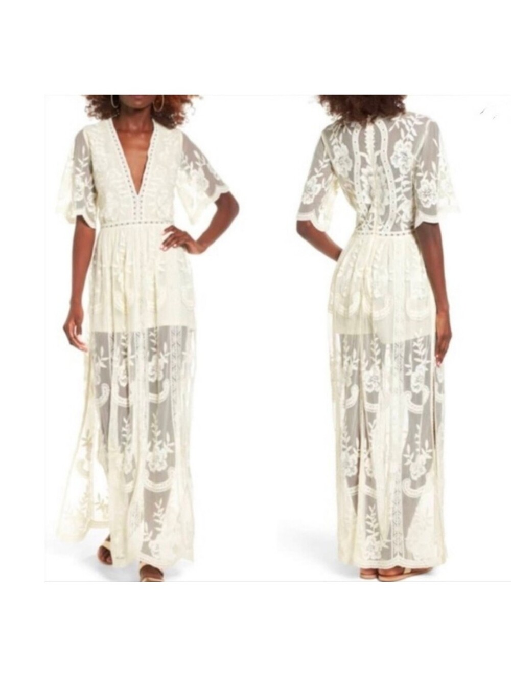 Socialite Boho Off White / Ivory Floral Lace Embroidered Maxi Dress Size XS